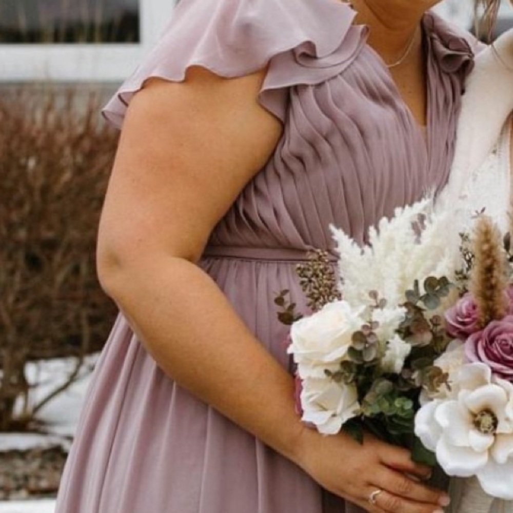 Azazie Mauve Ruffle Sleeve Wedding Dress